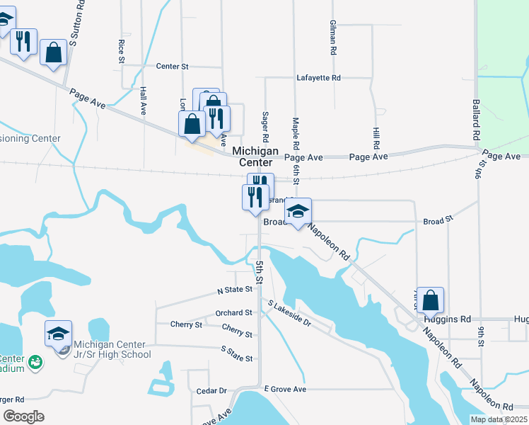 map of restaurants, bars, coffee shops, grocery stores, and more near 321 5th Street in Michigan Center