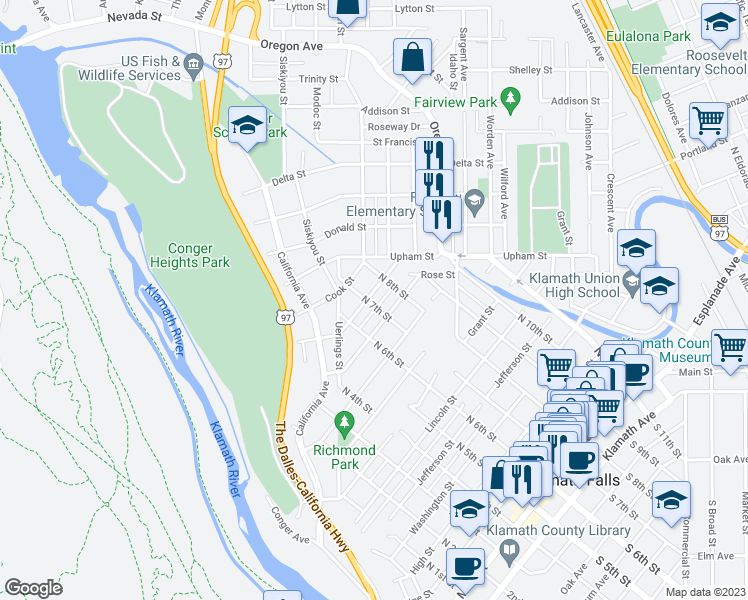 map of restaurants, bars, coffee shops, grocery stores, and more near 700 Doty Street in Klamath Falls