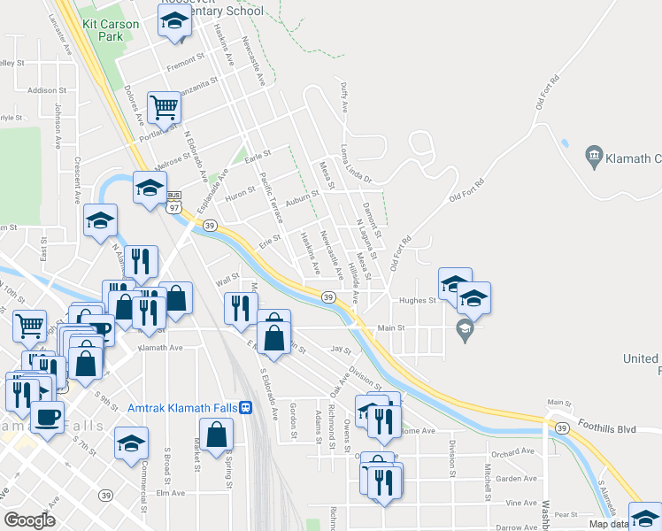 map of restaurants, bars, coffee shops, grocery stores, and more near 234 Hillside Avenue in Klamath Falls