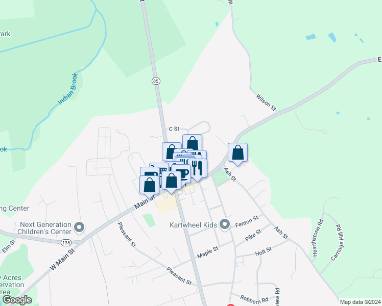map of restaurants, bars, coffee shops, grocery stores, and more near 22 Walcott Street in Hopkinton
