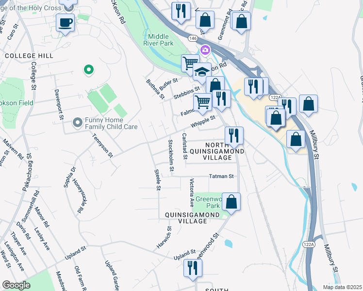 map of restaurants, bars, coffee shops, grocery stores, and more near 5 Carlstad Street in Worcester