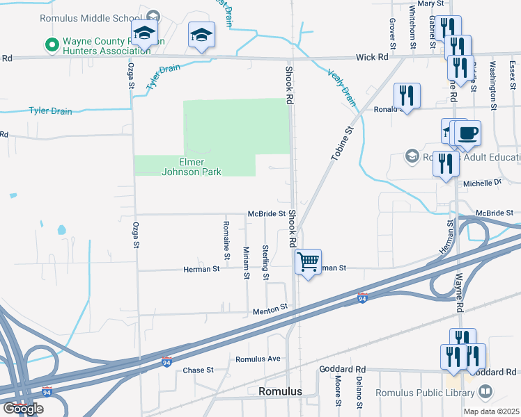 map of restaurants, bars, coffee shops, grocery stores, and more near 36700 McBride Street in Romulus