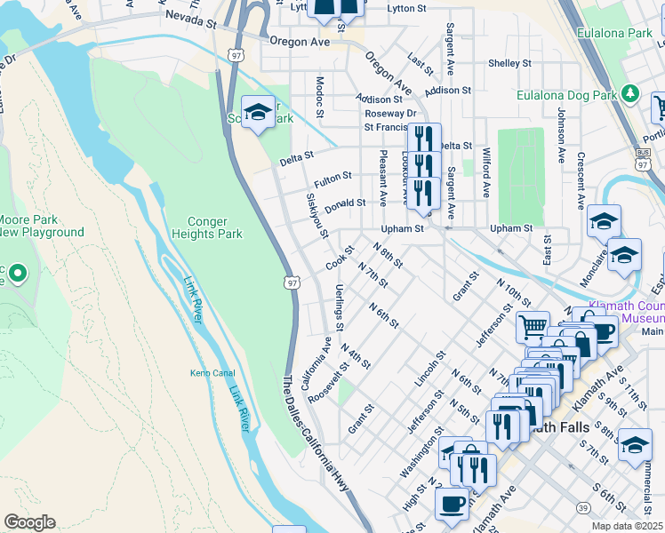 map of restaurants, bars, coffee shops, grocery stores, and more near 332 Cook Street in Klamath Falls