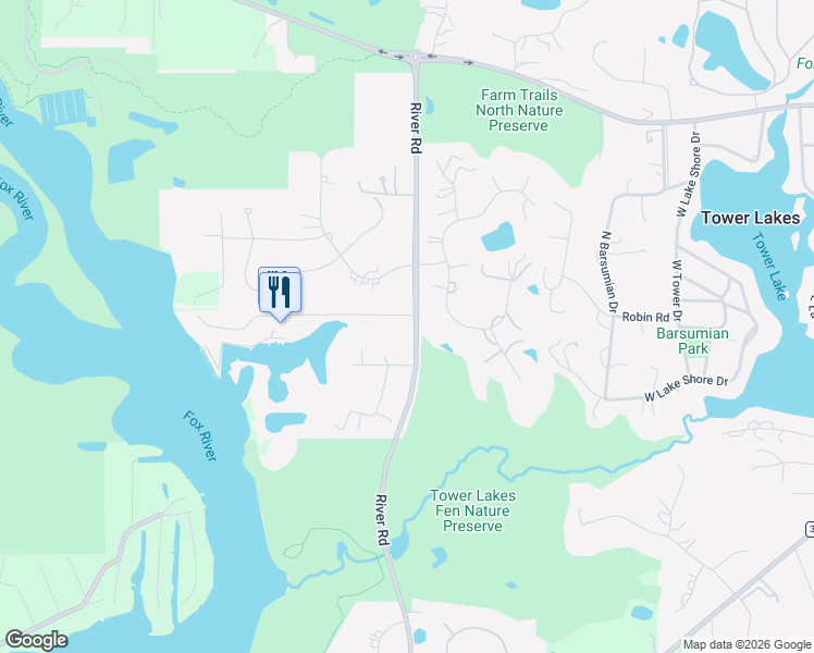 map of restaurants, bars, coffee shops, grocery stores, and more near 25248 River Road in Lake Barrington