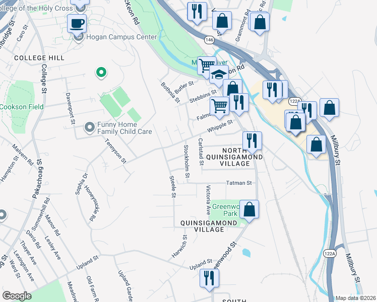 map of restaurants, bars, coffee shops, grocery stores, and more near 5 Stockholm Street in Worcester