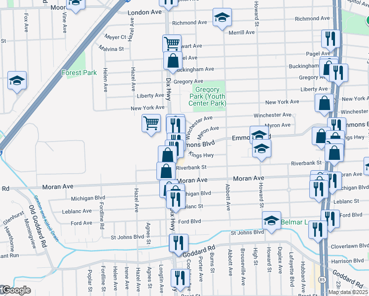 map of restaurants, bars, coffee shops, grocery stores, and more near 1899 Kings Highway in Lincoln Park