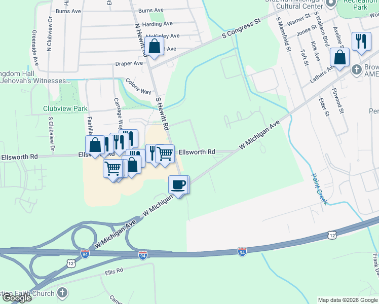 map of restaurants, bars, coffee shops, grocery stores, and more near 2140 Ellsworth Road in Ypsilanti