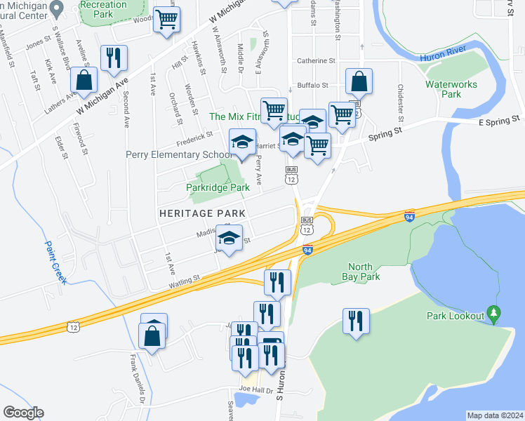 map of restaurants, bars, coffee shops, grocery stores, and more near 524 Madison Street in Ypsilanti