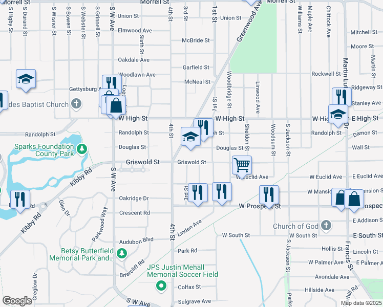 map of restaurants, bars, coffee shops, grocery stores, and more near 500 Griswold Street in Jackson