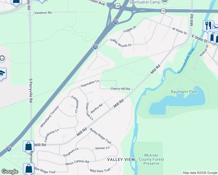 map of restaurants, bars, coffee shops, grocery stores, and more near 7599 Haymaker Lane in Cherry Valley