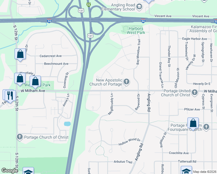 map of restaurants, bars, coffee shops, grocery stores, and more near 3738 West Milham Avenue in Portage