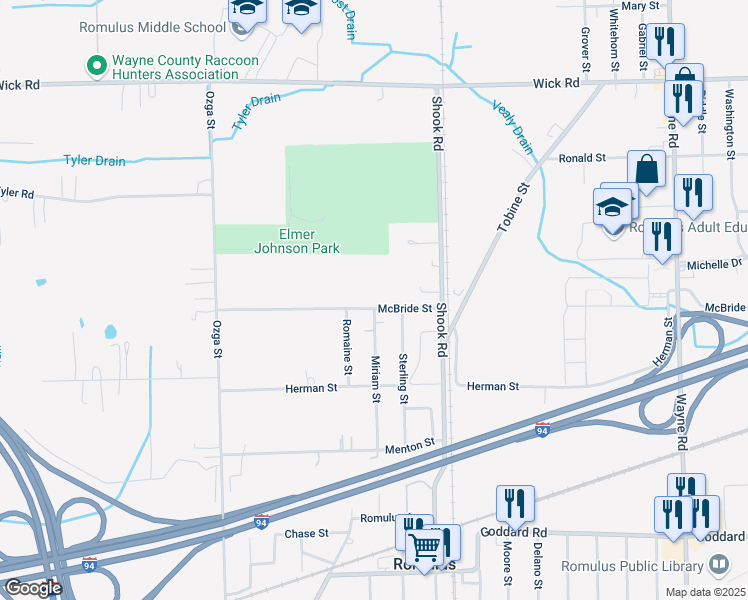 map of restaurants, bars, coffee shops, grocery stores, and more near 36700 McBride Street in Romulus