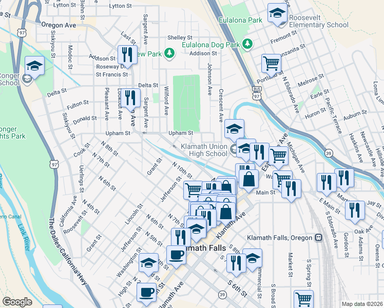 map of restaurants, bars, coffee shops, grocery stores, and more near 520 North 12th Street in Klamath Falls