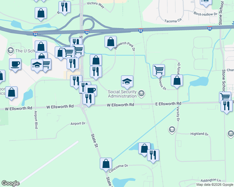 map of restaurants, bars, coffee shops, grocery stores, and more near 3980 Research Park Drive in Ann Arbor