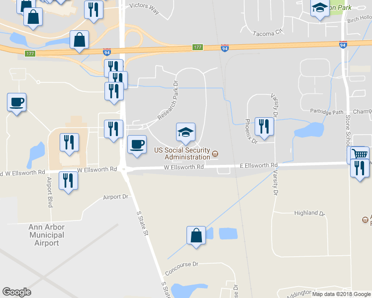 map of restaurants, bars, coffee shops, grocery stores, and more near 3986 Research Park Drive in Ann Arbor
