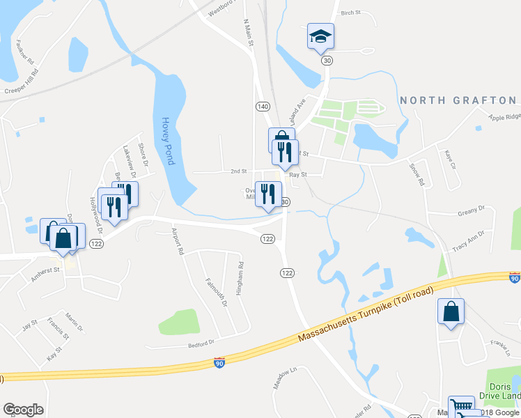 map of restaurants, bars, coffee shops, grocery stores, and more near 4 Park Court in Grafton