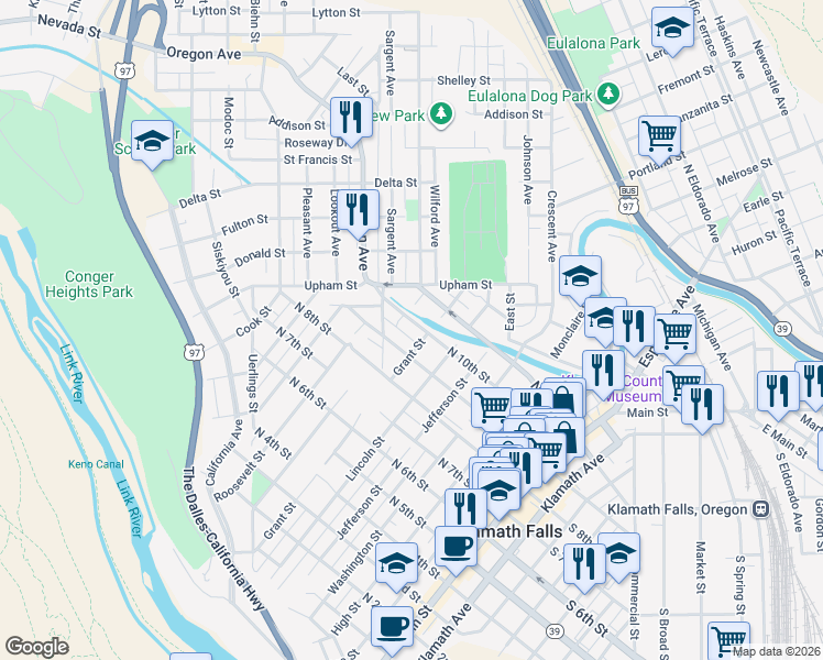 map of restaurants, bars, coffee shops, grocery stores, and more near 1022 McKinley Street in Klamath Falls
