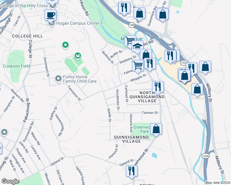 map of restaurants, bars, coffee shops, grocery stores, and more near 55 Whipple Street in Worcester