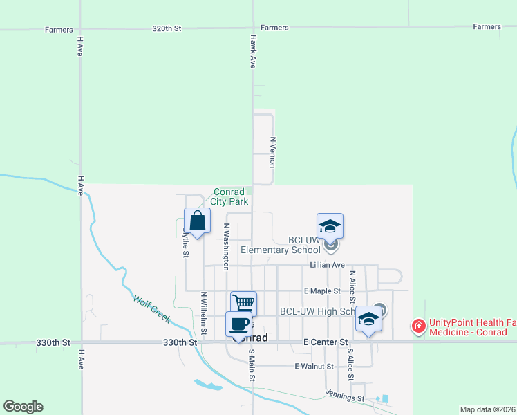 map of restaurants, bars, coffee shops, grocery stores, and more near 601 North Main Street in Conrad