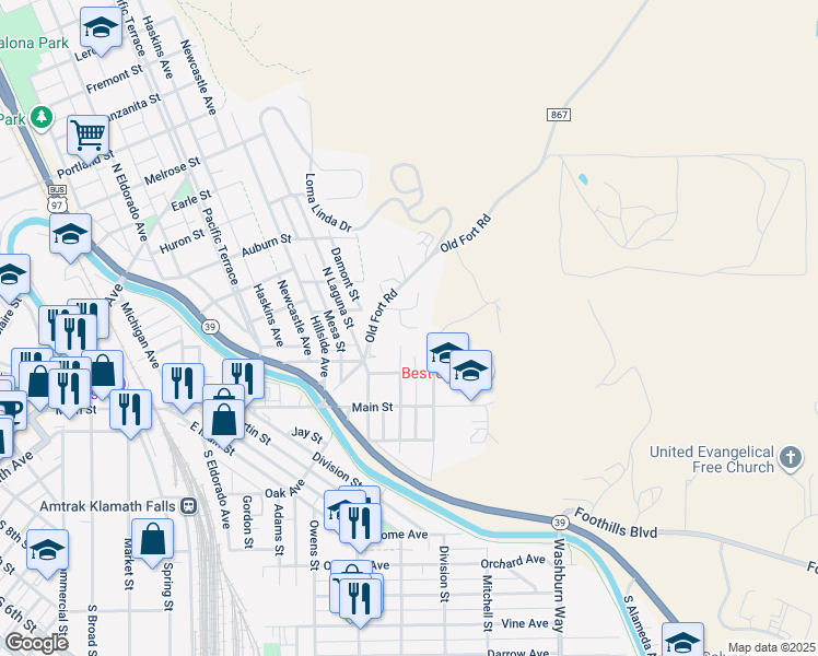map of restaurants, bars, coffee shops, grocery stores, and more near 323 Angela Court in Klamath Falls