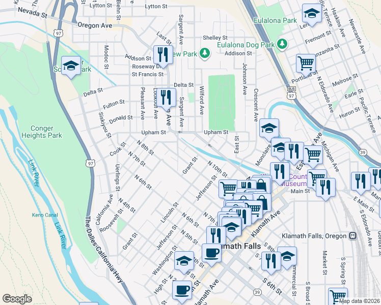 map of restaurants, bars, coffee shops, grocery stores, and more near 1022 McKinley Street in Klamath Falls