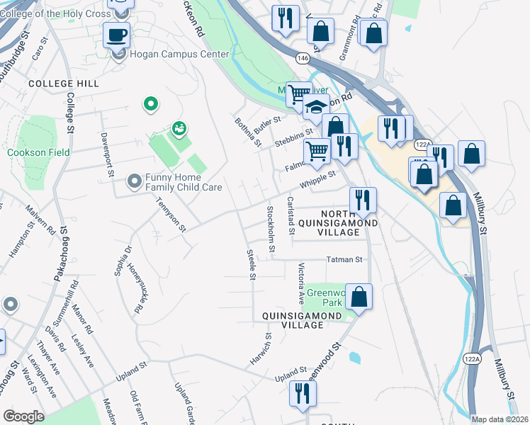 map of restaurants, bars, coffee shops, grocery stores, and more near 55 Whipple Street in Worcester