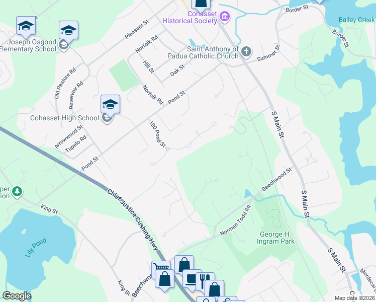 map of restaurants, bars, coffee shops, grocery stores, and more near 100 Pond Street in Cohasset