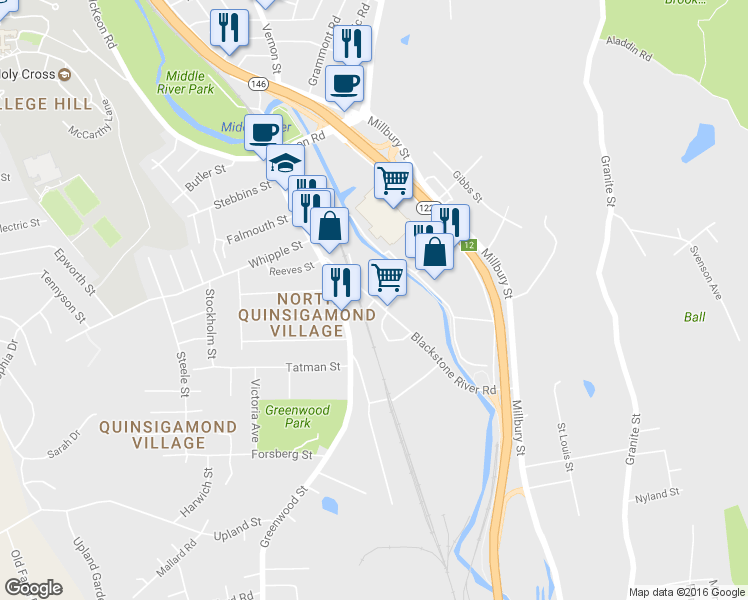 map of restaurants, bars, coffee shops, grocery stores, and more near Blackstone River Road in Worcester