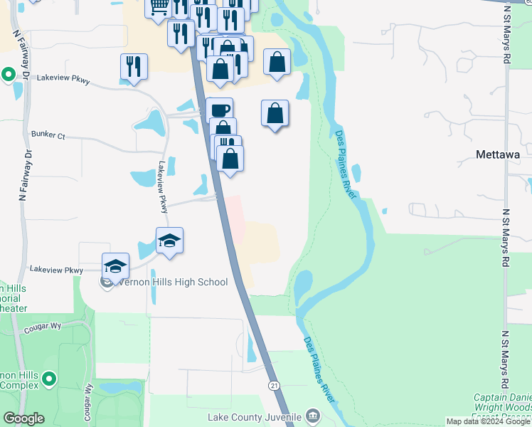 map of restaurants, bars, coffee shops, grocery stores, and more near 235 North Milwaukee Avenue in Vernon Hills