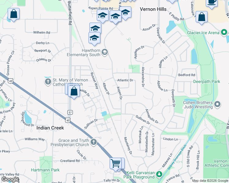 map of restaurants, bars, coffee shops, grocery stores, and more near 300 Albert Drive in Vernon Hills