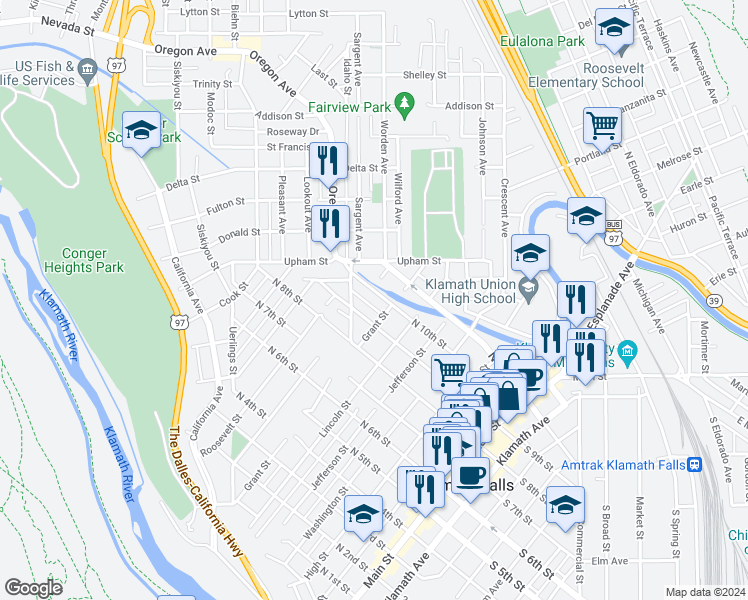 map of restaurants, bars, coffee shops, grocery stores, and more near 722 North 10th Street in Klamath Falls