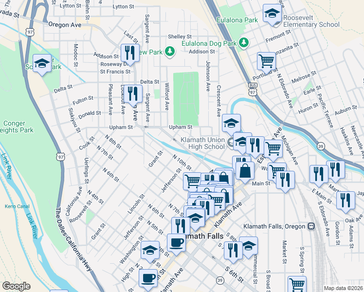 map of restaurants, bars, coffee shops, grocery stores, and more near N 11th St & Lincoln St in Klamath Falls