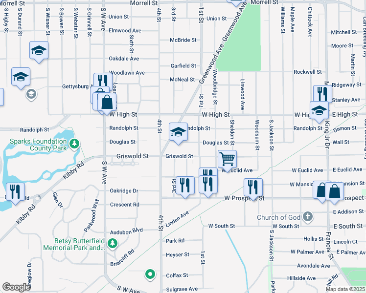 map of restaurants, bars, coffee shops, grocery stores, and more near 500 Griswold Street in Jackson