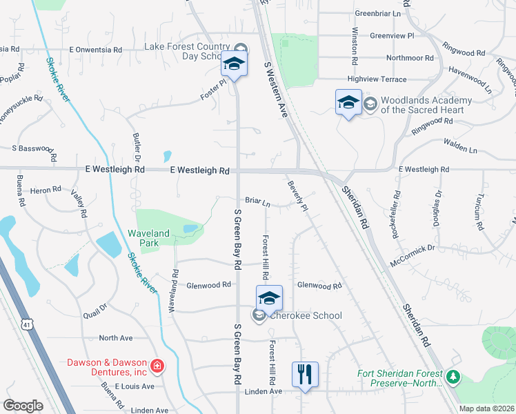 map of restaurants, bars, coffee shops, grocery stores, and more near 476 Briar Lane in Lake Forest