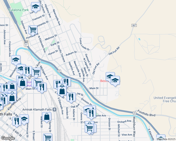 map of restaurants, bars, coffee shops, grocery stores, and more near 260 North Laguna Street in Klamath Falls
