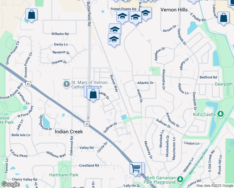map of restaurants, bars, coffee shops, grocery stores, and more near 204 Russet Way in Vernon Hills