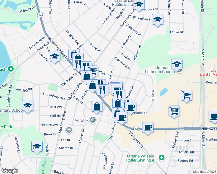 map of restaurants, bars, coffee shops, grocery stores, and more near 231 Uteg Street in Crystal Lake