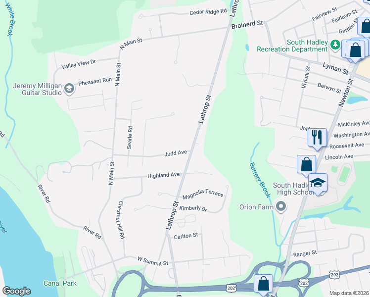 map of restaurants, bars, coffee shops, grocery stores, and more near 84 Judd Avenue in South Hadley