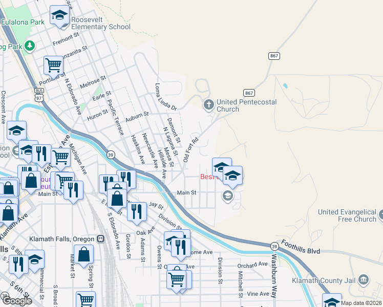 map of restaurants, bars, coffee shops, grocery stores, and more near 2212 James Martin Court in Klamath Falls