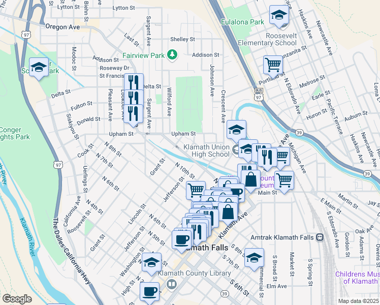 map of restaurants, bars, coffee shops, grocery stores, and more near 611 North 11th Street in Klamath Falls