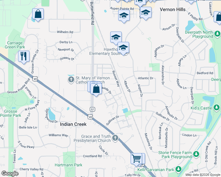map of restaurants, bars, coffee shops, grocery stores, and more near 201 Winfield Court in Vernon Hills
