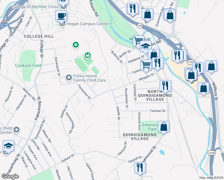 map of restaurants, bars, coffee shops, grocery stores, and more near Whipple St & Steele St in Worcester