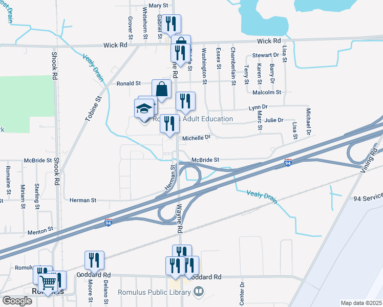 map of restaurants, bars, coffee shops, grocery stores, and more near 34900 McBride Street in Romulus