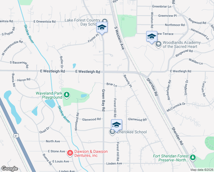 map of restaurants, bars, coffee shops, grocery stores, and more near 495 S Green Bay Rd in Lake Forest