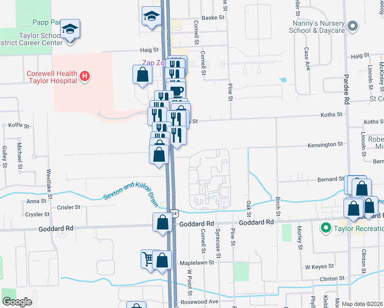 map of restaurants, bars, coffee shops, grocery stores, and more near 23896 Kensington Street in Taylor