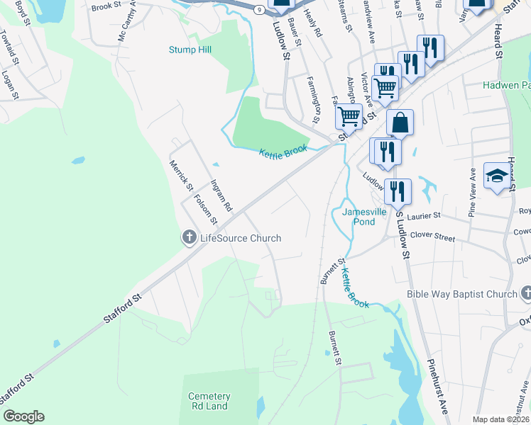 map of restaurants, bars, coffee shops, grocery stores, and more near 24 El Caney Road in Worcester