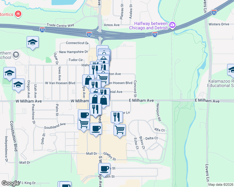 map of restaurants, bars, coffee shops, grocery stores, and more near 224 Colonial Avenue in Portage
