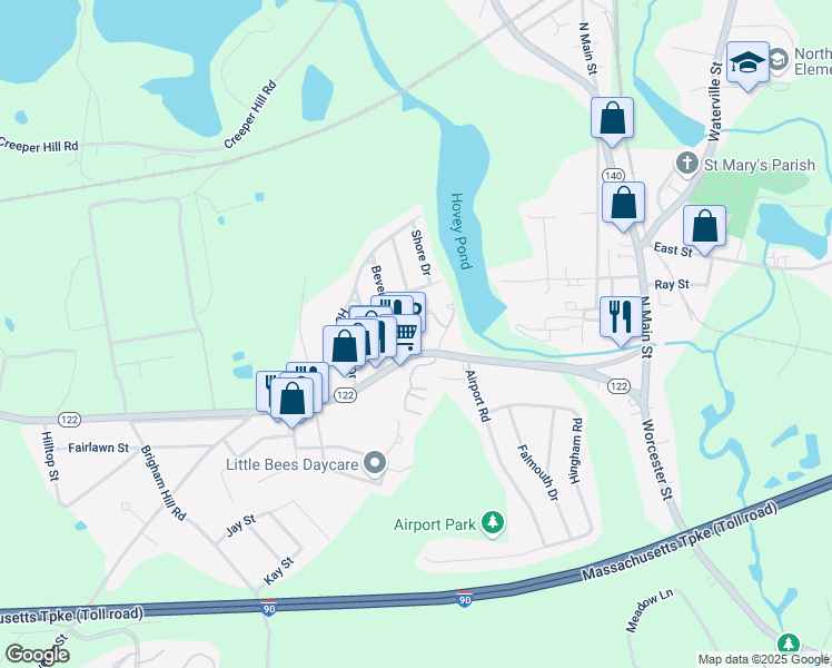 map of restaurants, bars, coffee shops, grocery stores, and more near 194 Worcester Street in Grafton