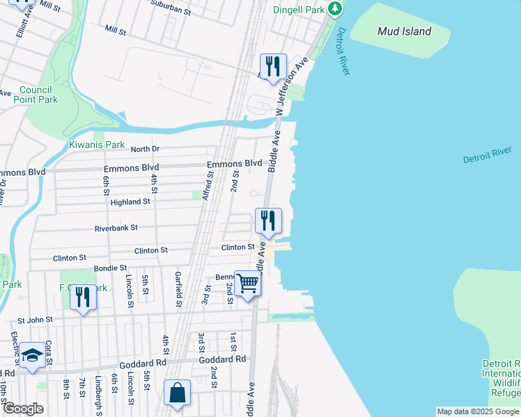 map of restaurants, bars, coffee shops, grocery stores, and more near 344 Biddle Avenue in Wyandotte