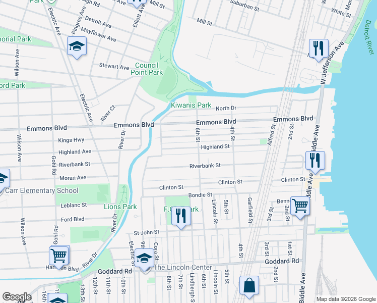 map of restaurants, bars, coffee shops, grocery stores, and more near 647 Highland Street in Wyandotte